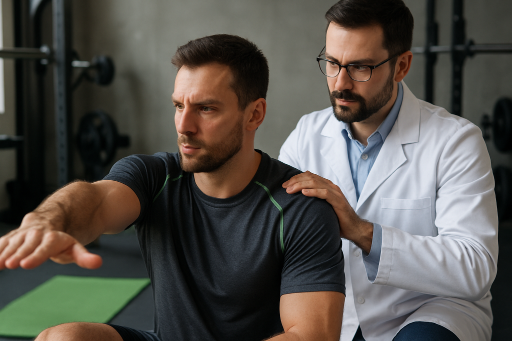 Chiropractor guiding patient through posture correction exercise.