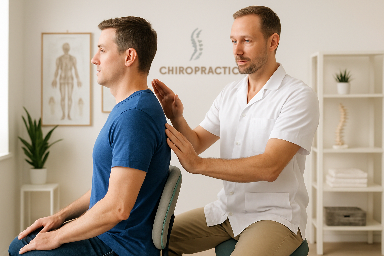 2025_10_uprightposturecouk_img_seated_spinal_posture_exam_final - Upright Posture Chiropractor checking spinal alignment of a seated male patient.