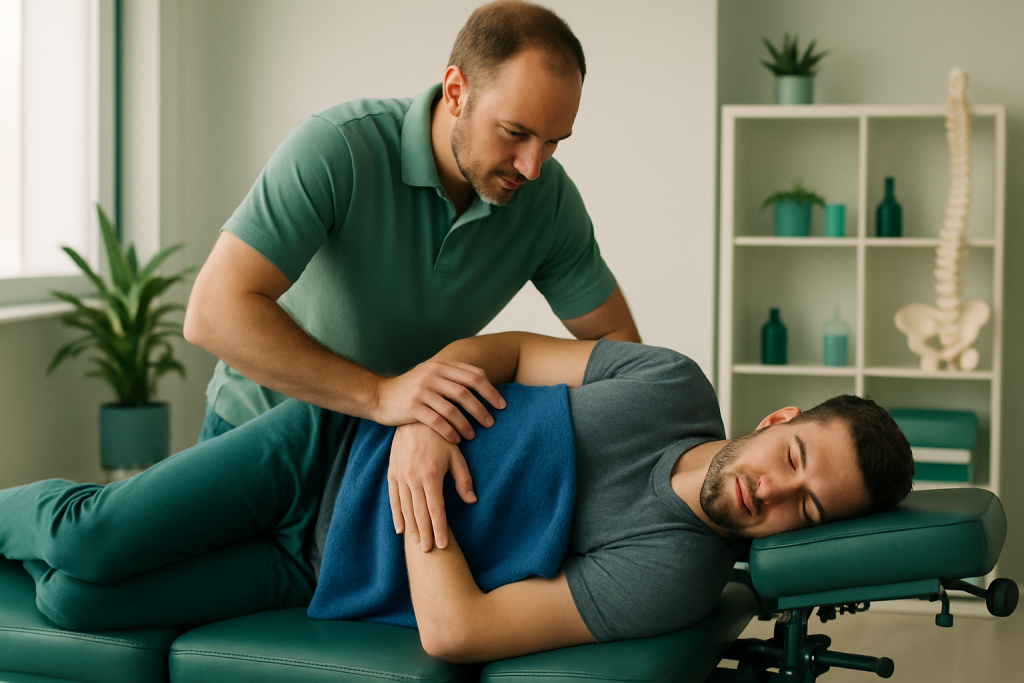 Chiropractor performing spinal adjustment on a patient lying on their side.