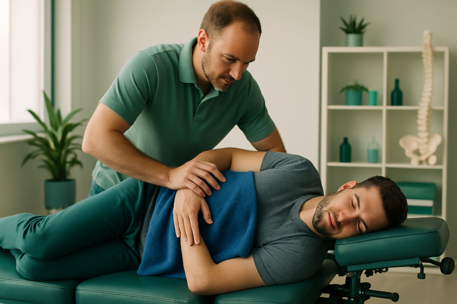 2025_10_uprightposturecouk_img_side_lying_spinal_adjustment_final - Upright Posture Chiropractor performing spinal adjustment on a patient lying on their side.