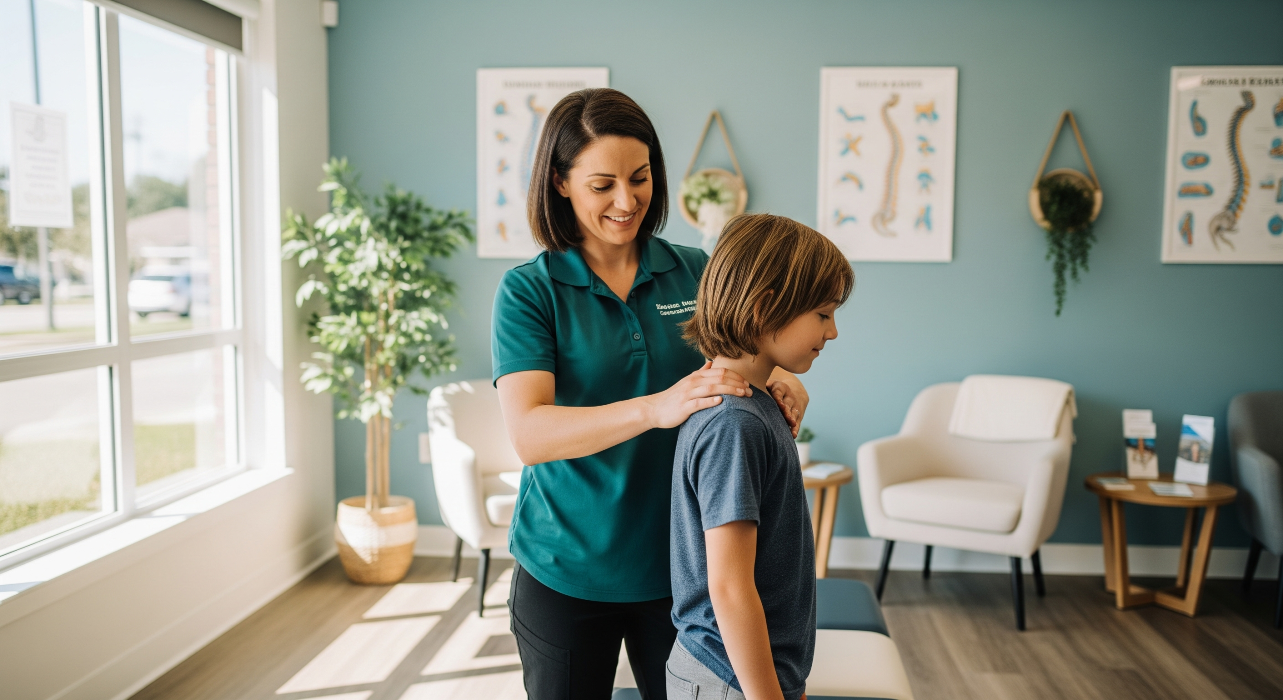 2025_11_uprightposturecouk_img_chiropractic_care_for_children_v1 - Upright Posture Female chiropractor adjusting a young patient’s shoulders in a bright clinic.