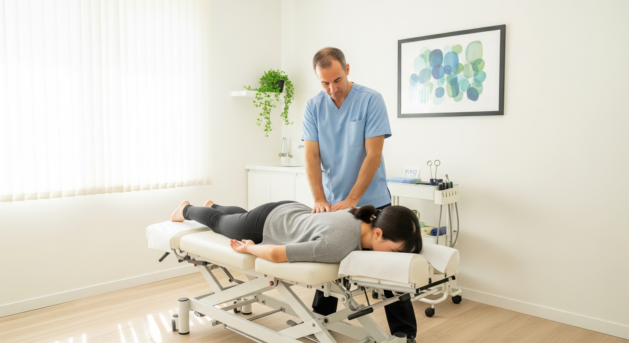 Chiropractor performing a spinal adjustment on a patient lying face down on a treatment table.