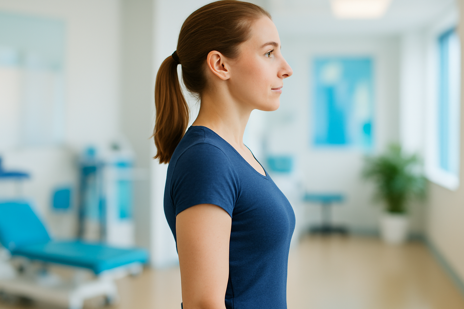 2025_11_uprightposturecouk_img_correct_posture_side_profile_v1 - Upright Posture Woman standing in correct posture, viewed from the side, in a physiotherapy clinic.