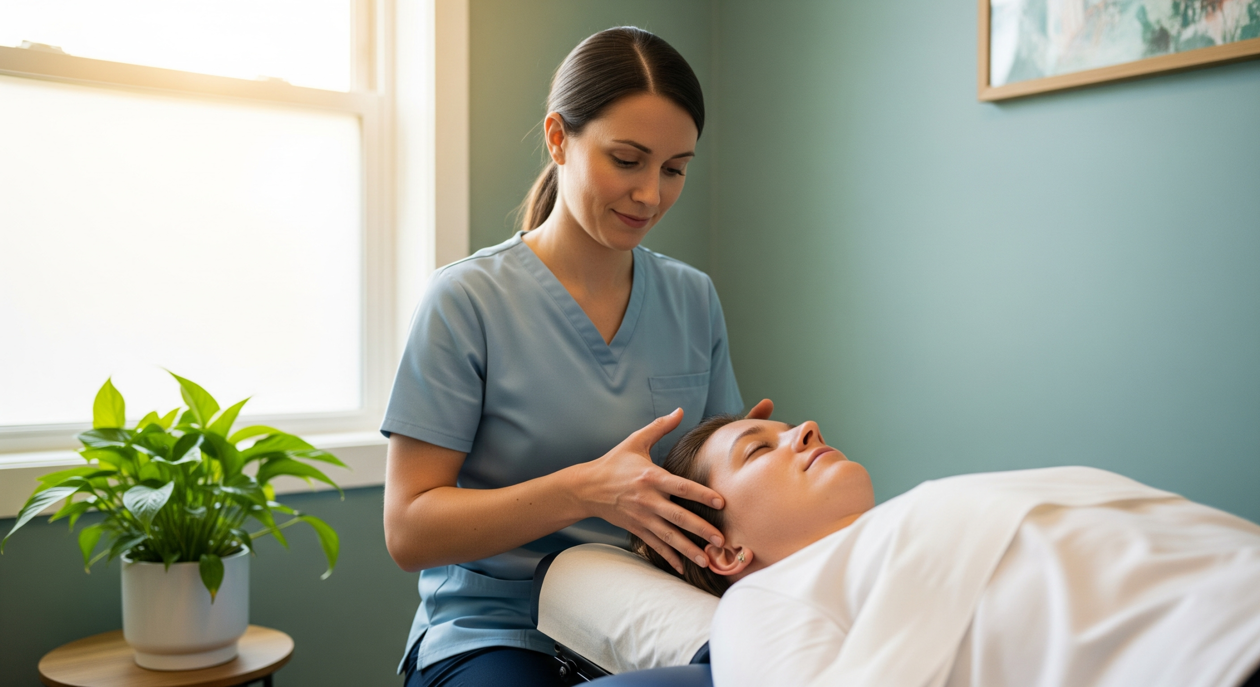 2025_11_uprightposturecouk_img_cranial_therapy_relaxation_v1 - Upright Posture Therapist gently performing cranial massage on a patient in a calm clinic setting.