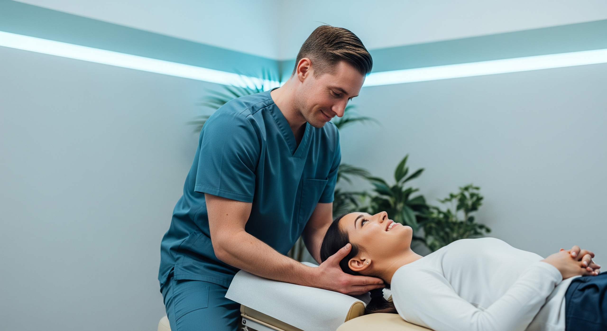 2025_11_uprightposturecouk_img_neck_alignment_chiropractic_v1 - Upright Posture Male chiropractor adjusting a patient’s neck alignment in a modern clinic.