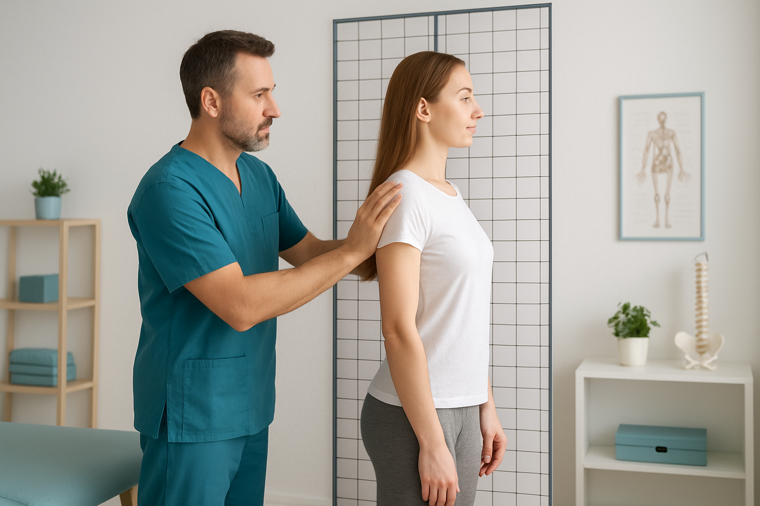 2025_11_uprightposturecouk_img_posture_alignment_assessment_v1 - Upright Posture Chiropractor checking a patient’s posture alignment in a clinic using a posture grid.