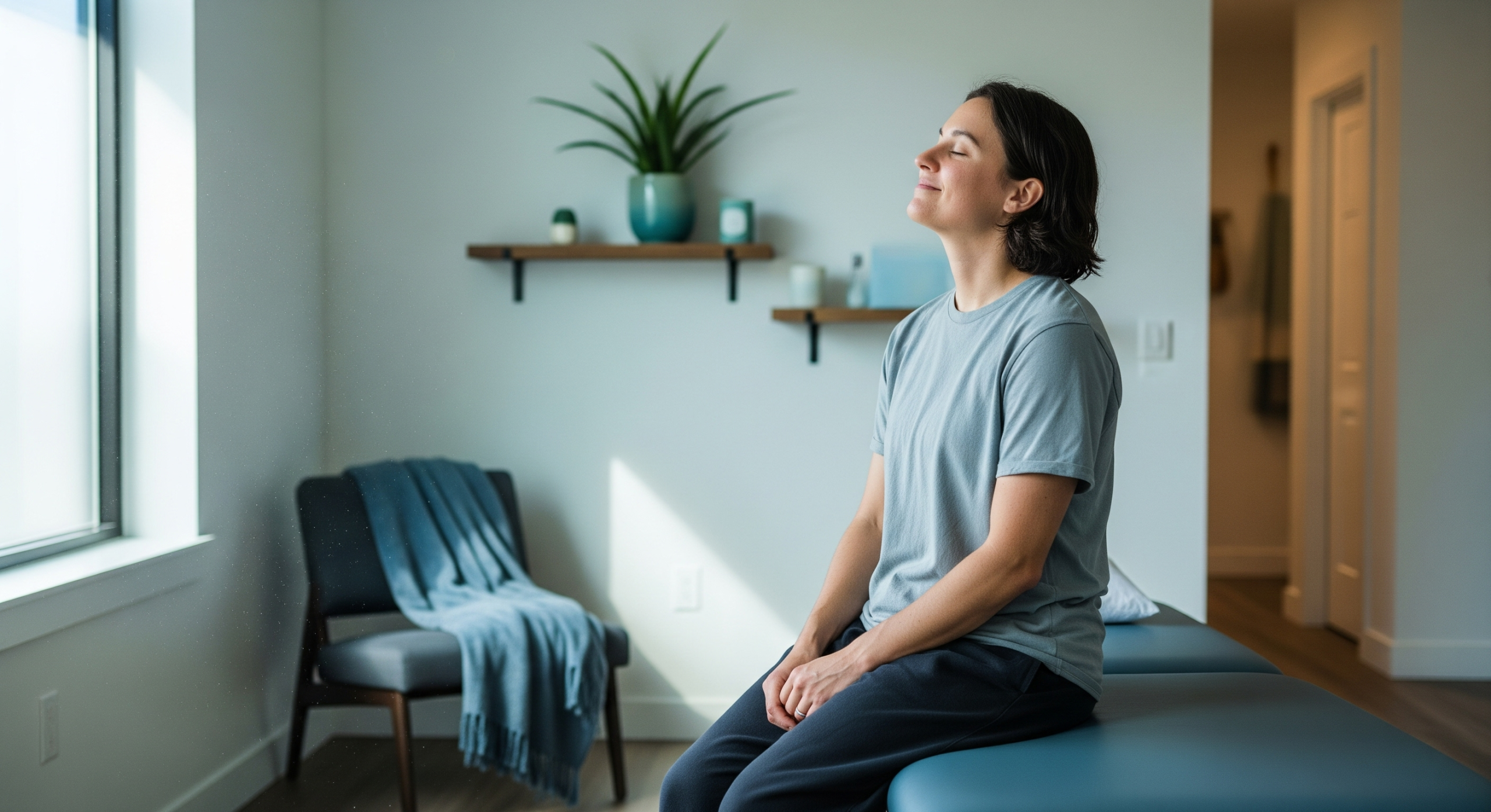 2025_11_uprightposturecouk_img_relaxed_patient_post_treatment_v1 - Upright Posture Patient sitting peacefully after a chiropractic session, smiling and relaxed.