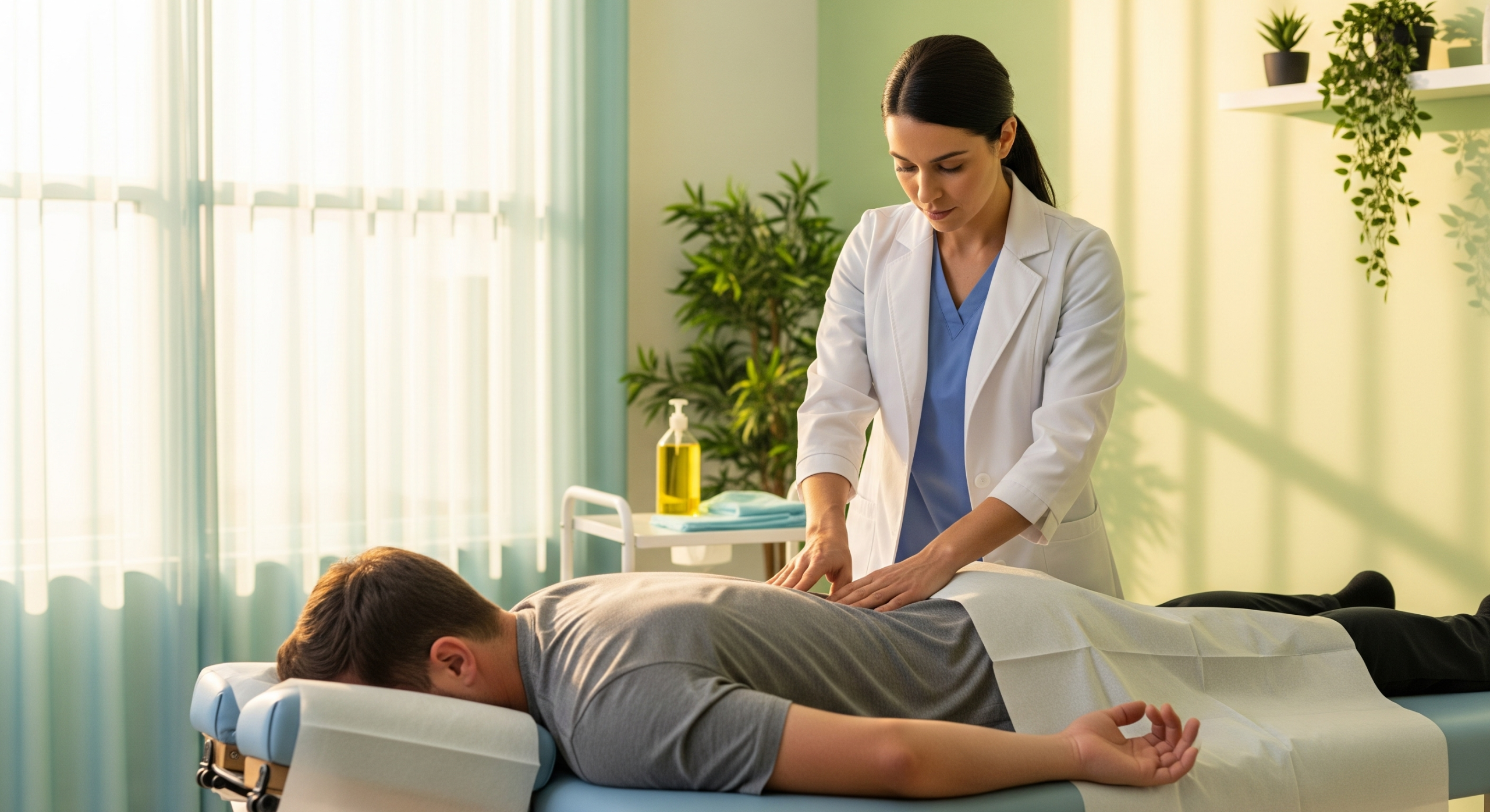 2025_11_uprightposturecouk_img_spinal_therapy_soft_tissue_v1 - Upright Posture Chiropractor applying soft tissue therapy to a patient’s lower back on a treatment table.
