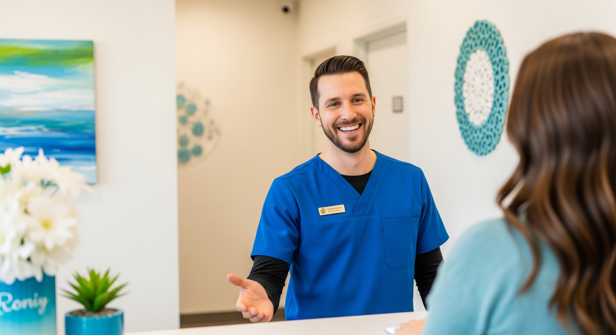 2025_12_uprightposturecouk_img_chiropractic_reception_patient_interaction_v1 - Upright Posture Chiropractor greeting a patient at the clinic reception desk with a friendly smile.