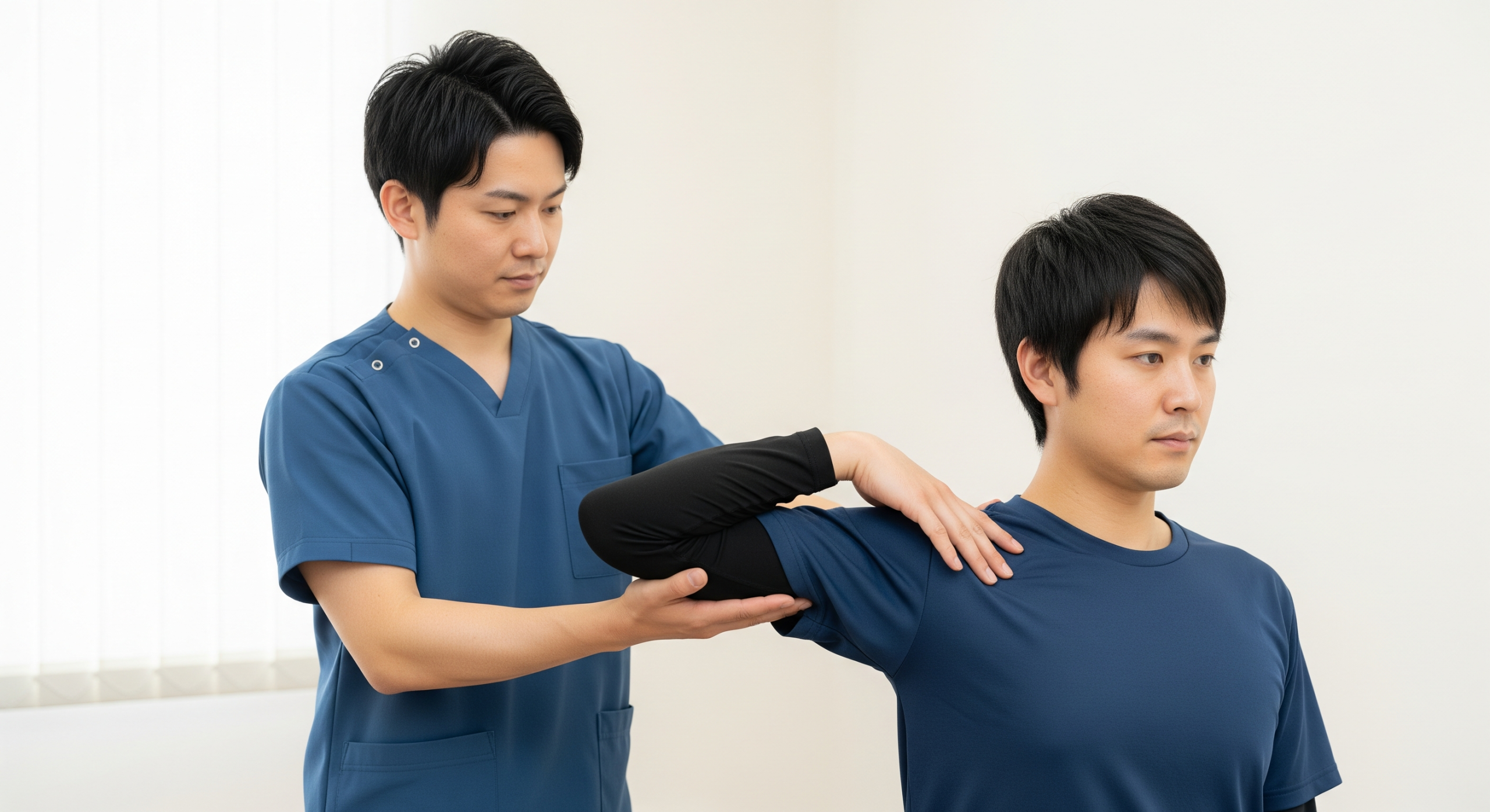2025_12_uprightposturecouk_img_chiropractor_shoulder_mobility_test_v1 - Upright Posture Chiropractor assisting a patient with a shoulder mobility test.