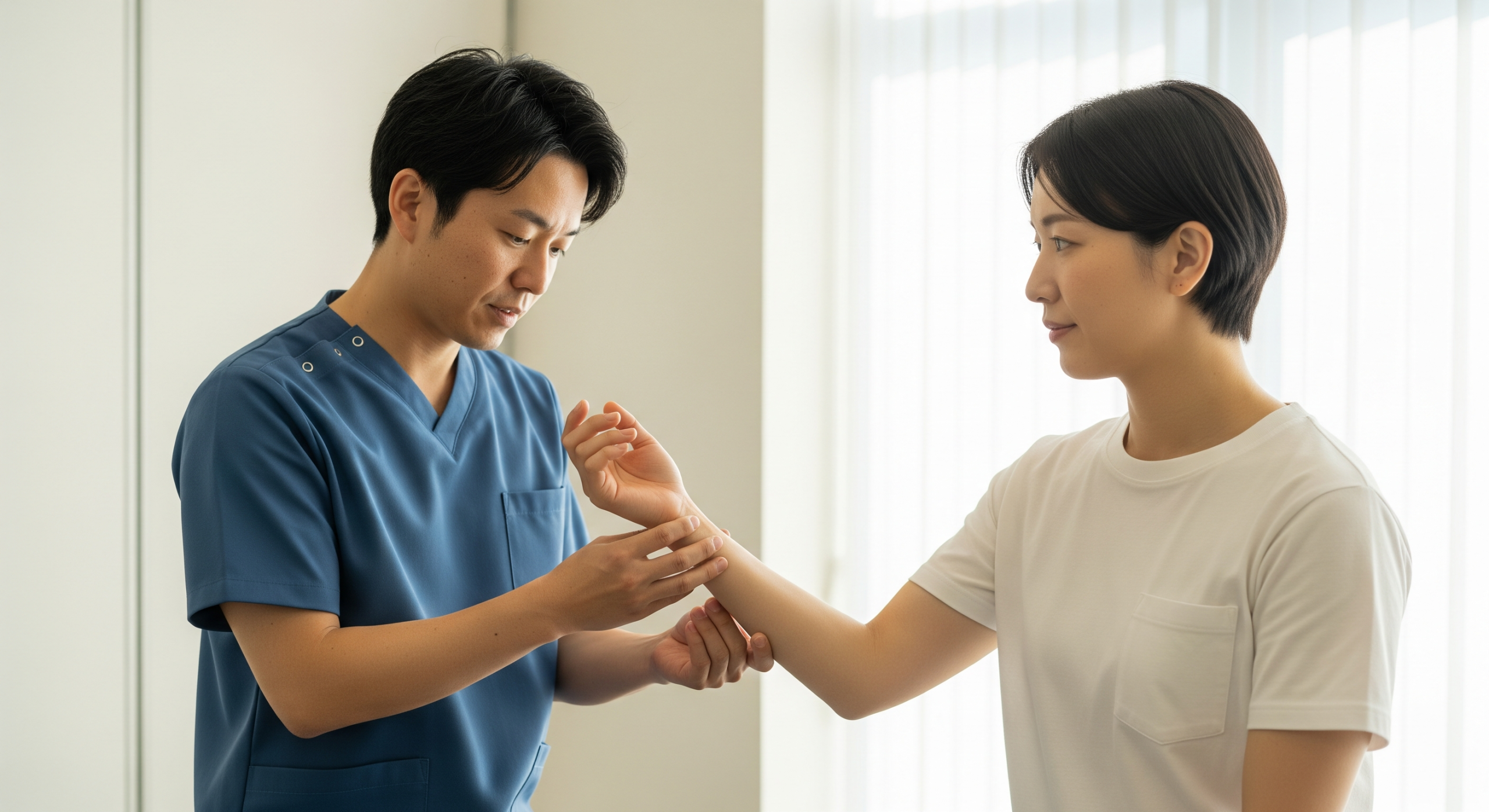 2025_12_uprightposturecouk_img_chiropractor_wrist_assessment_v1 - Upright Posture Chiropractor evaluating a patient’s wrist mobility and joint function.