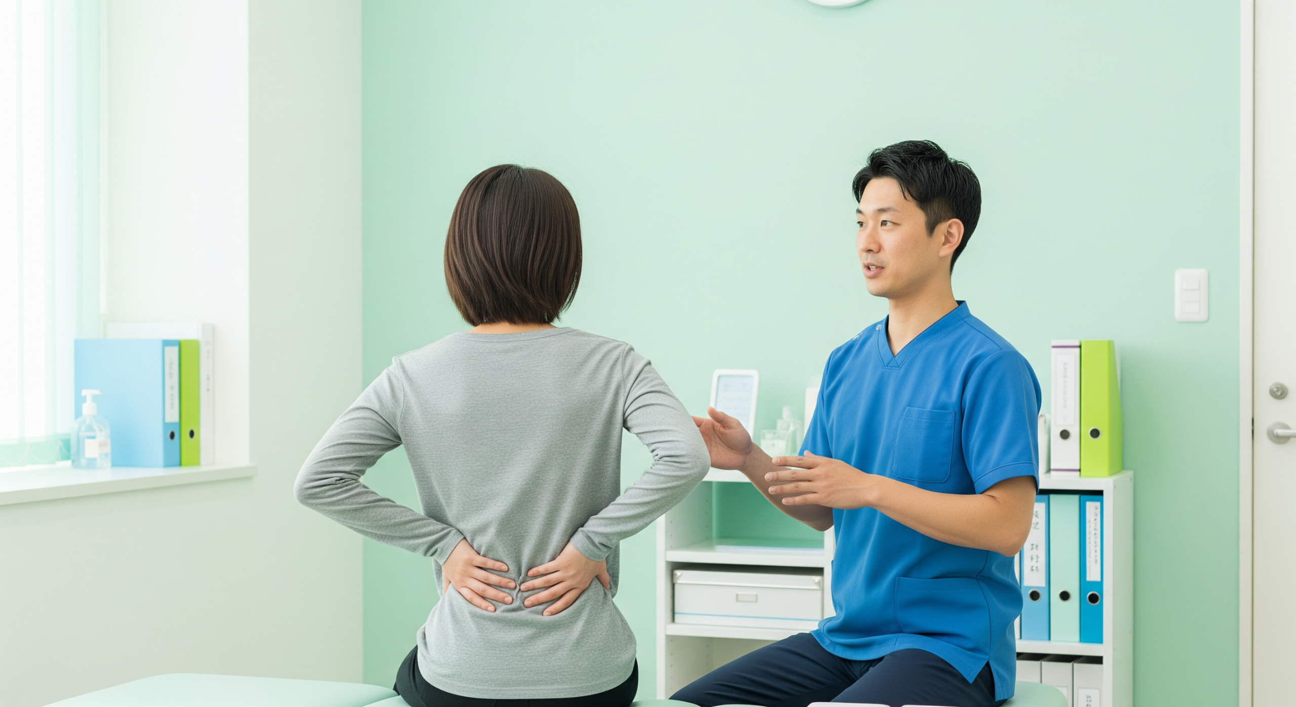 2025_12_uprightposturecouk_img_lower_back_pain_consultation_v1 - Upright Posture Chiropractor speaking with a patient holding her lower back in discomfort.