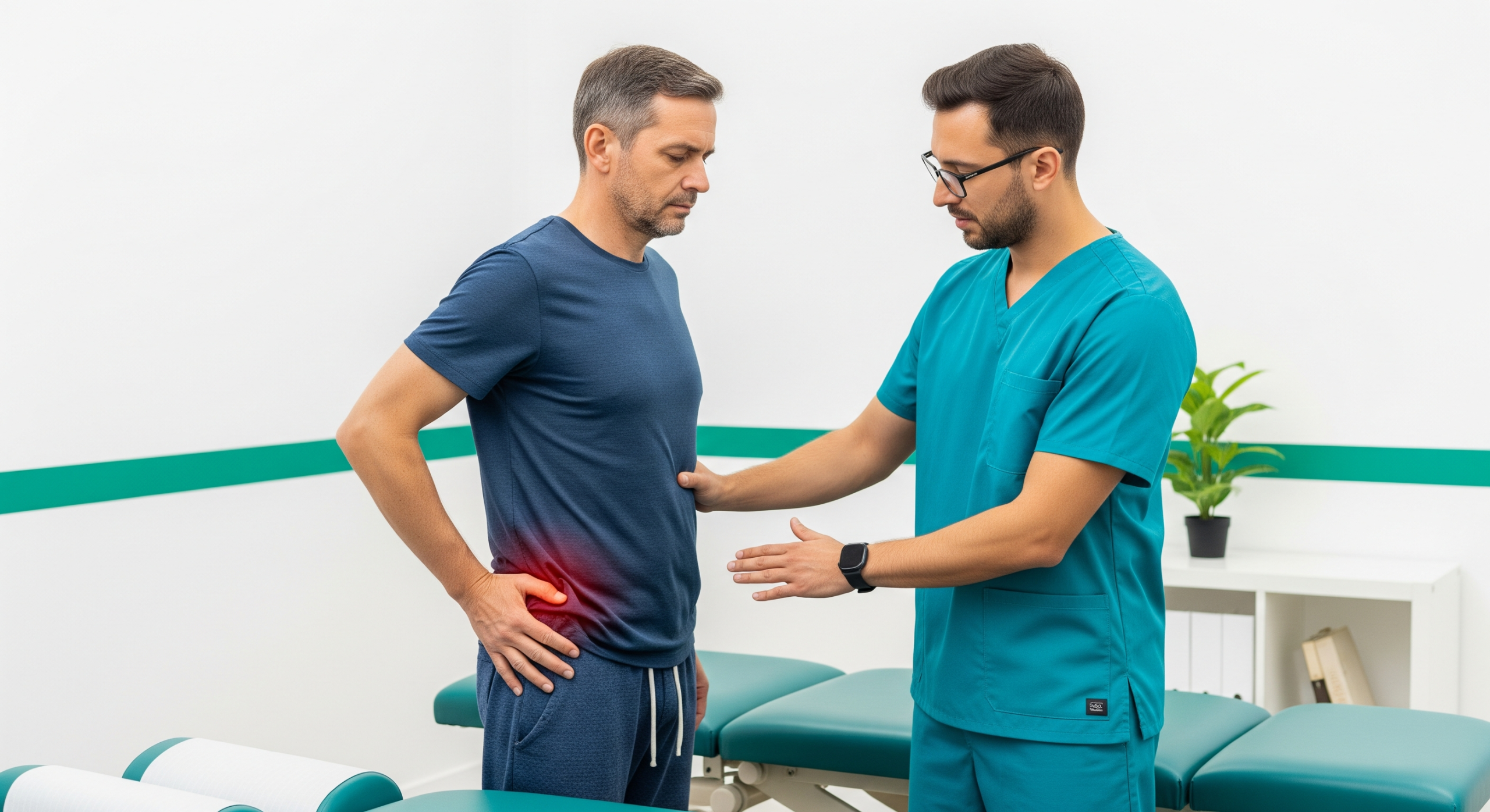 2026_01_uprightposturecouk_img_lower_back_pain_assessment_v1 - Upright Posture A chiropractor assessing a patient’s lower back pain during a clinical examination.