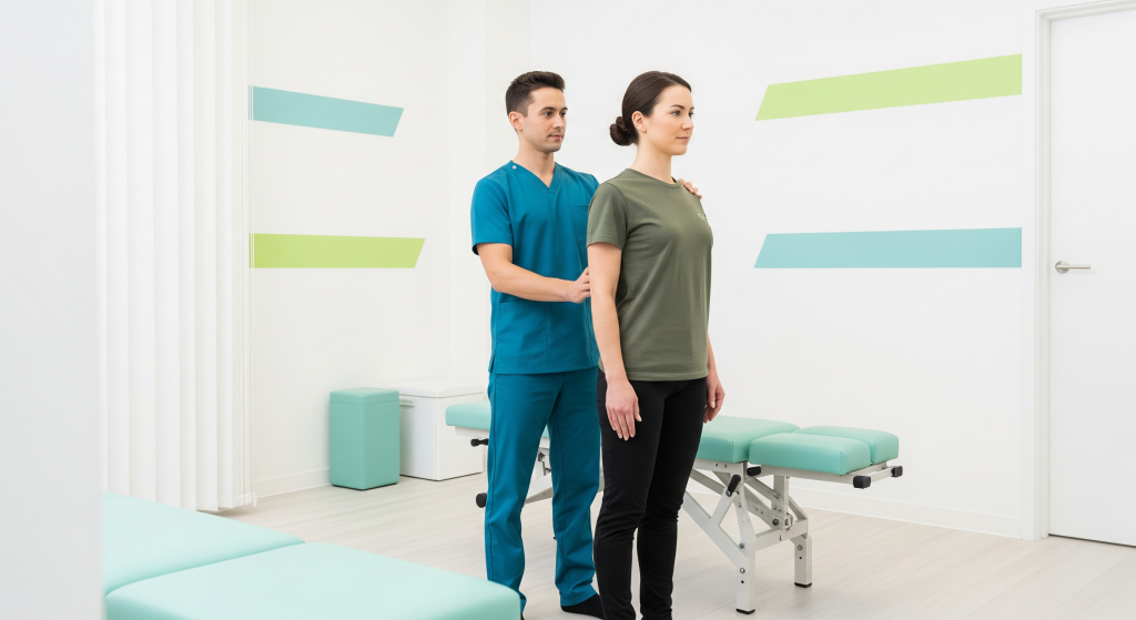 A chiropractor evaluating a patient’s standing posture in a bright clinical environment.