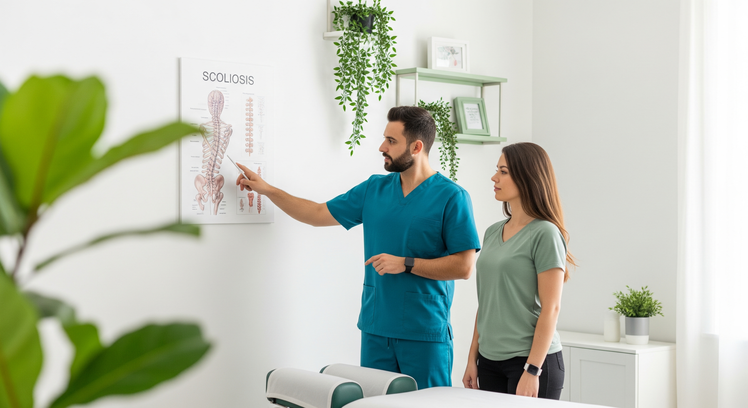 2026_01_uprightposturecouk_img_scoliosis_chart_consultation_v1 - Upright Posture A chiropractor assessing a patient’s lower back pain during a clinical examination.