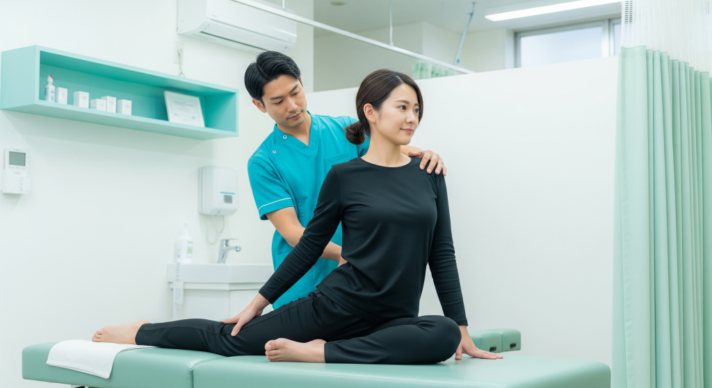 A chiropractor guiding a patient through a spinal mobility stretch on a treatment table.