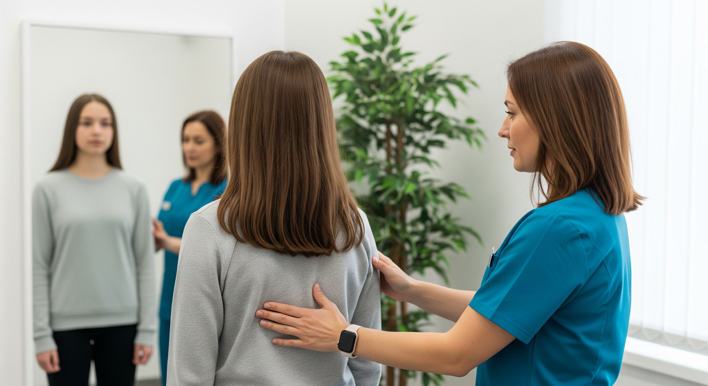 Teenager undergoing a postural assessment for adolescent idiopathic scoliosis with a clinician in a UK clinic