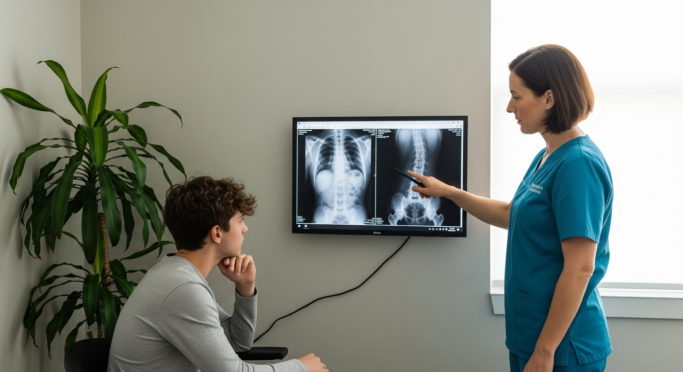 Specialist explaining spinal X-ray results to a teenager during adolescent idiopathic scoliosis consultation in a UK clinic