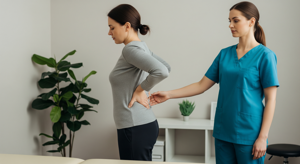 Patient holding lower back while therapist evaluates posture and spinal alignment