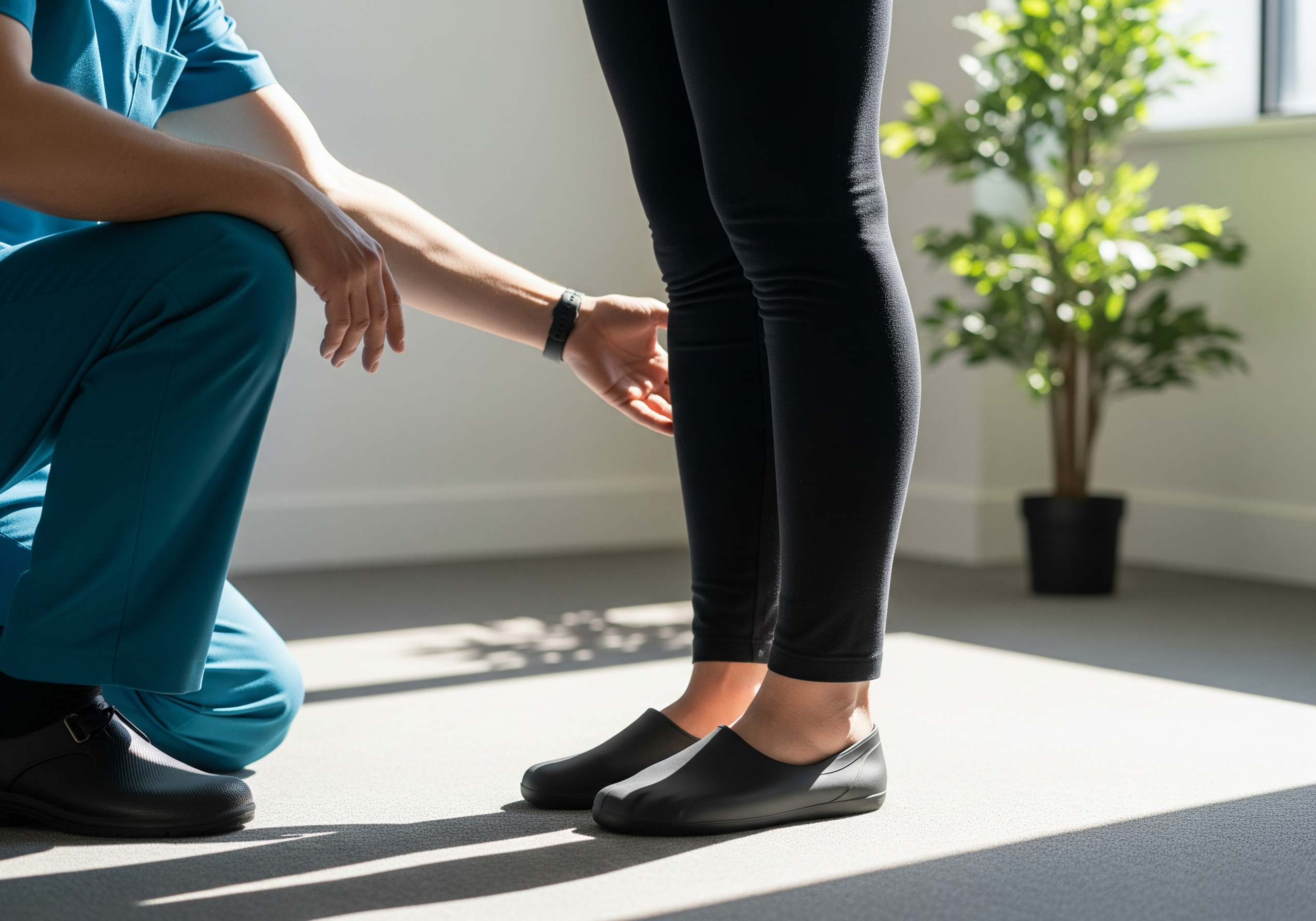 Therapist assessing lower leg alignment of a patient standing in a clinical setting