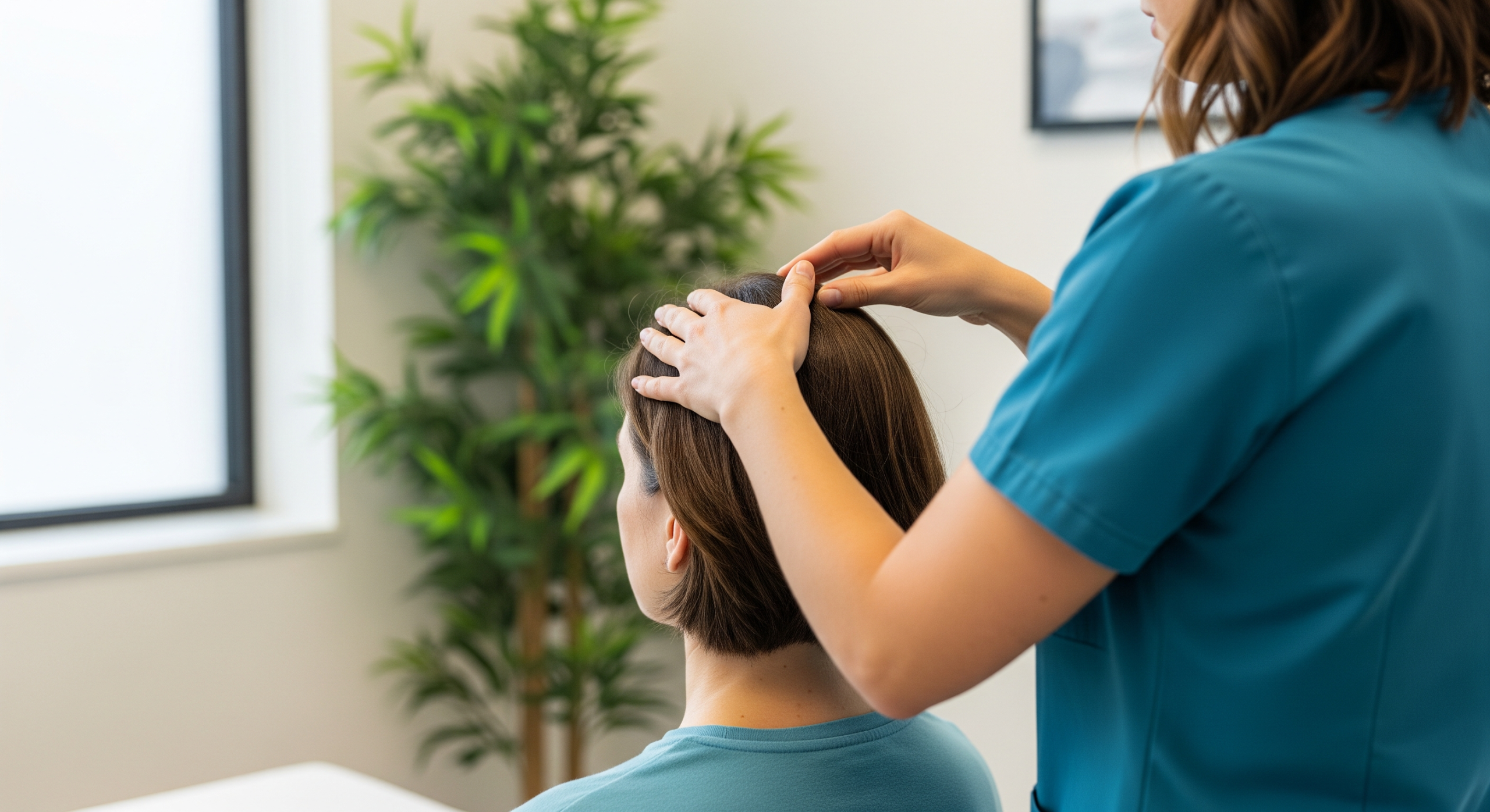 Therapist examining head and neck alignment during a posture assessment