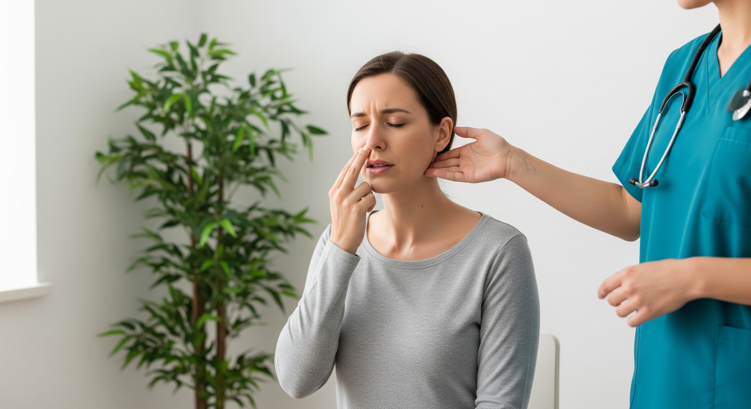 Patient touching jaw while therapist checks neck alignment and muscle tension