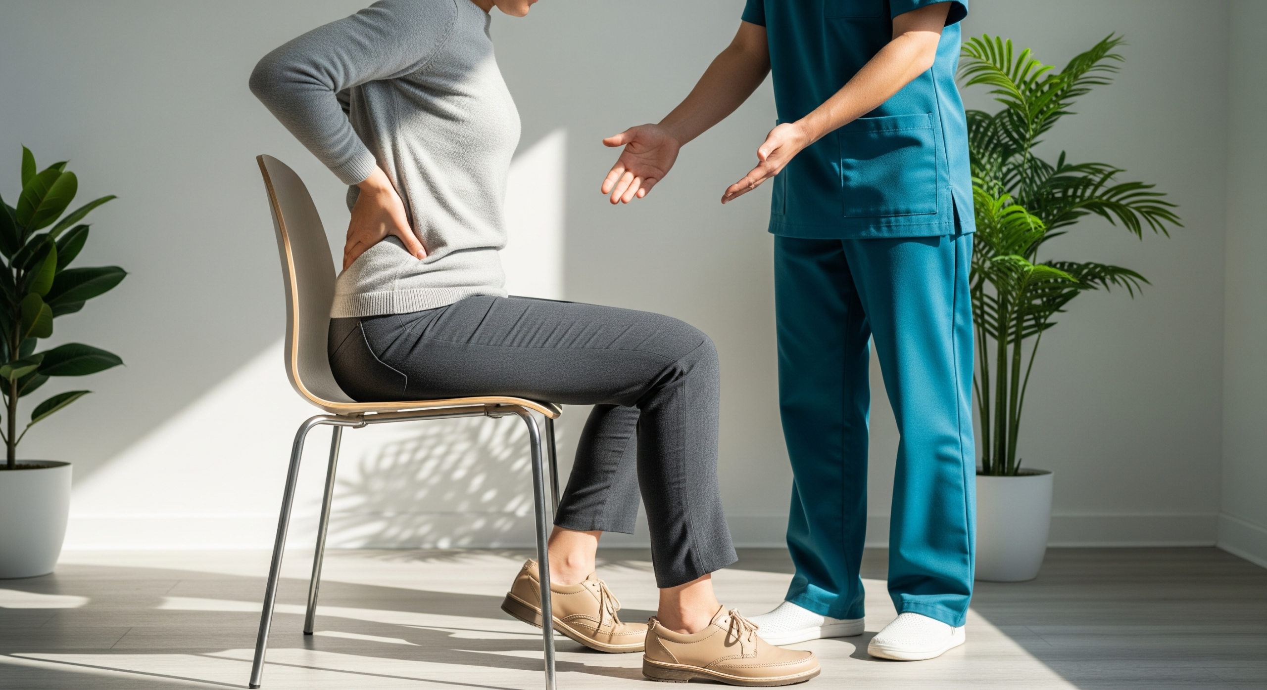 Patient seated with hand on lower back while therapist provides posture guidance
