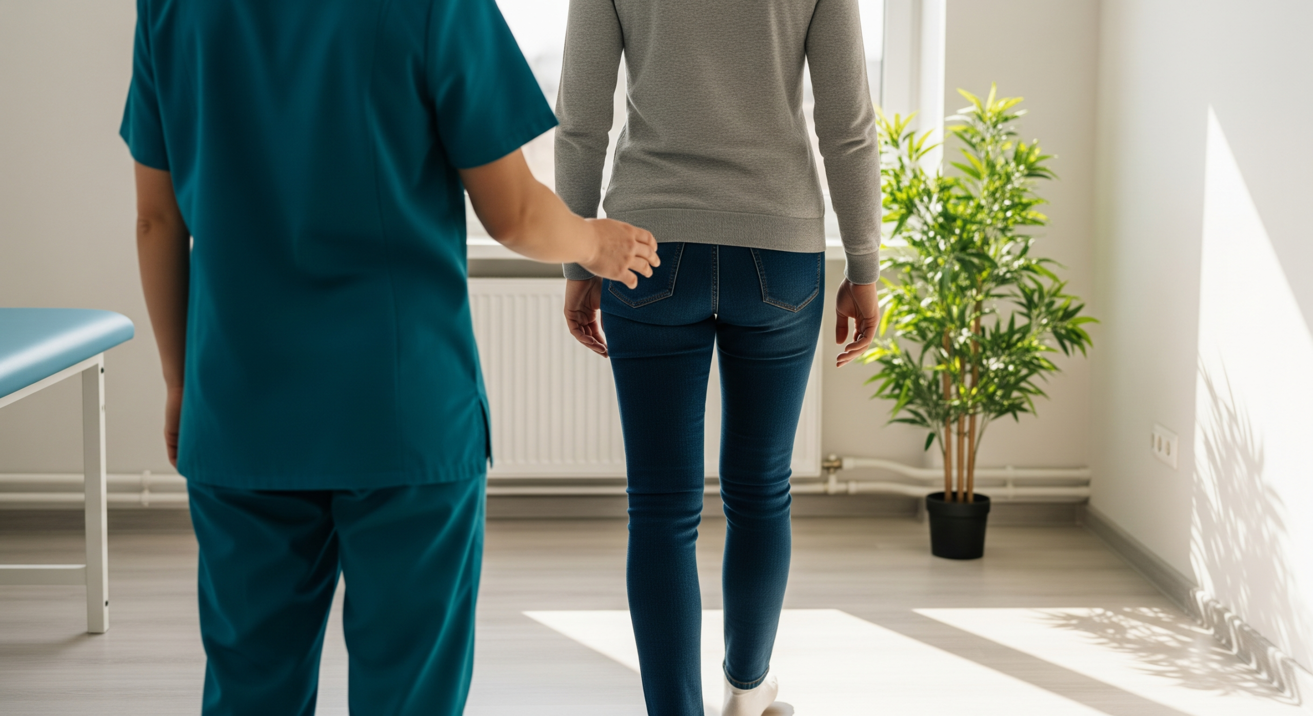 Therapist observing a patient’s standing posture from behind in a bright clinic room