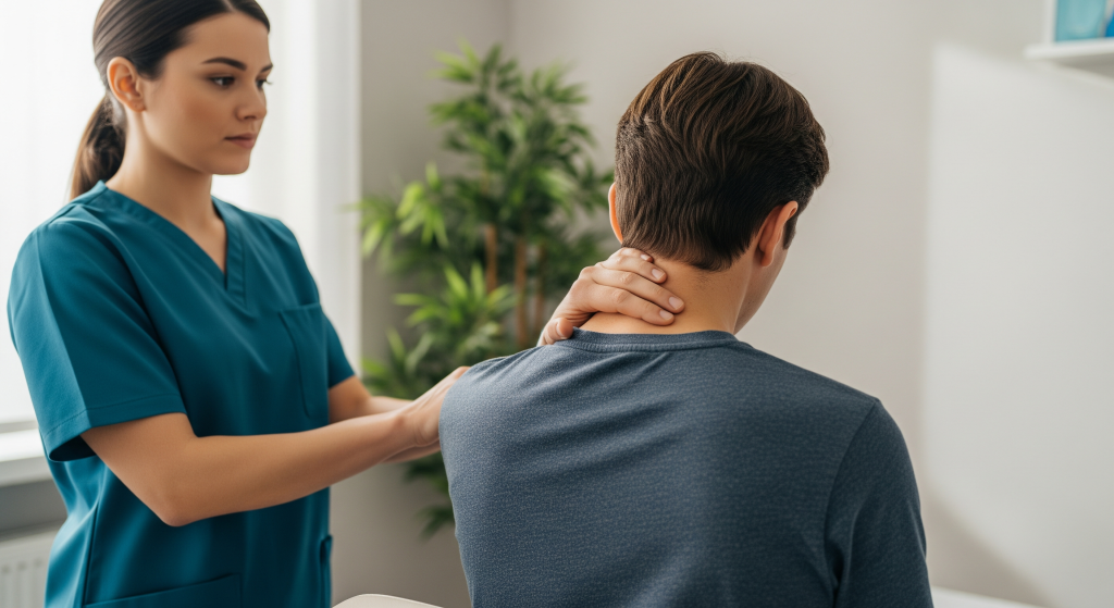 Therapist examining upper back and shoulder posture of a seated patient