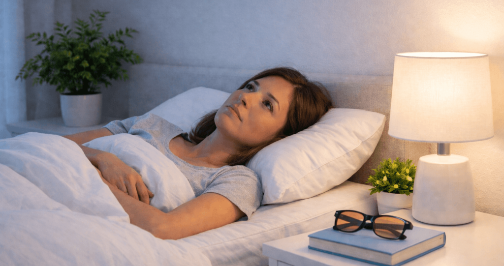 Woman lying awake in bed at night struggling with insomnia in UK while warm bedside lamp and sleep glasses sit on the nightstand.