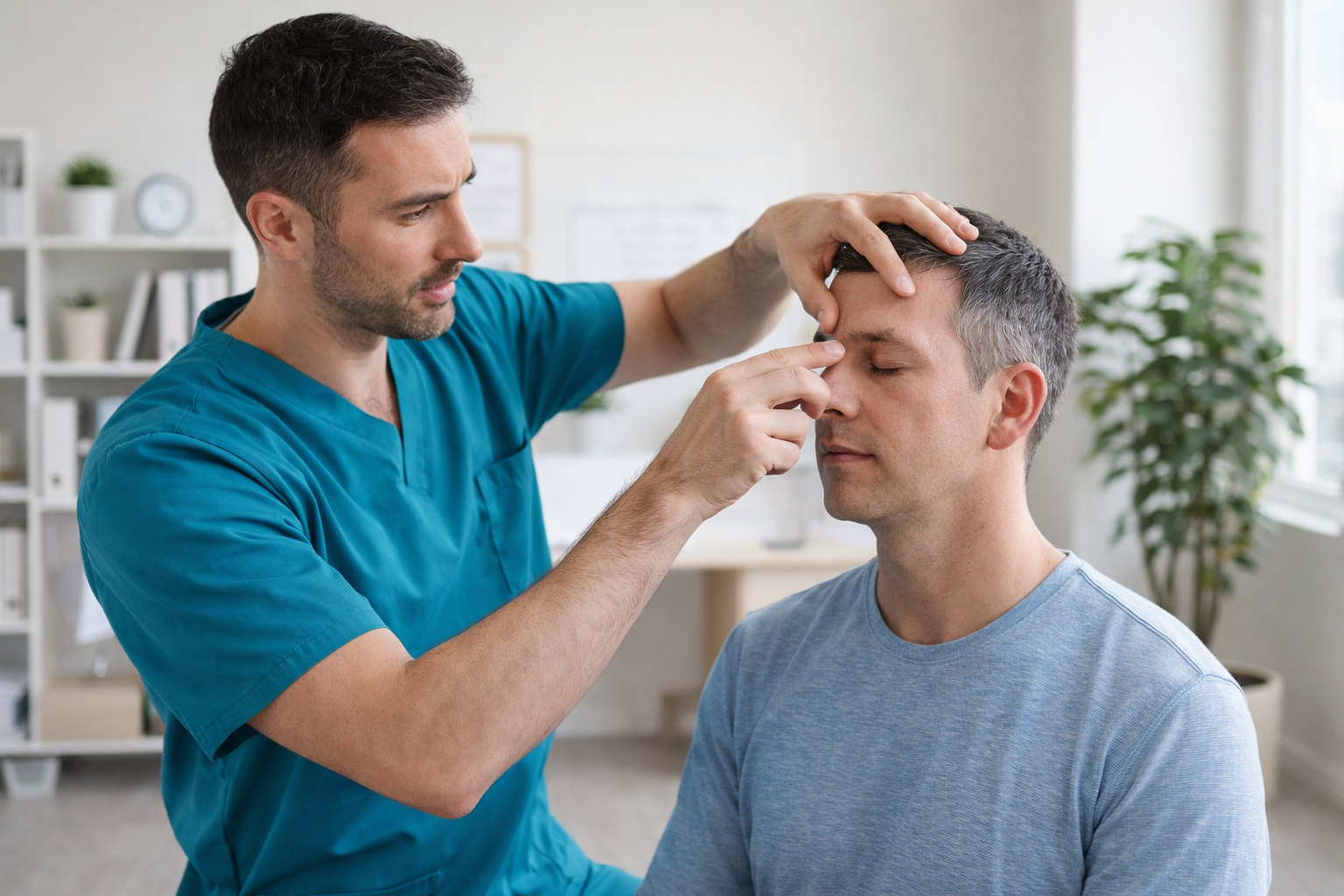 Chiropractor examining sinus pressure points on male patient during posture and head assessment