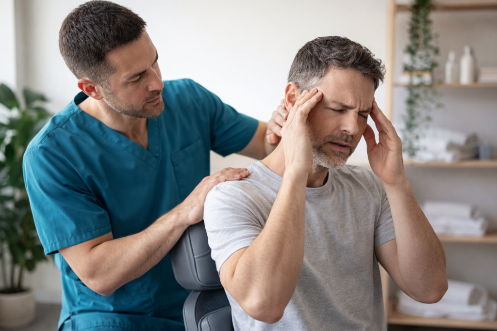 Chiropractor treating neck tension and headache symptoms in patient during consultation