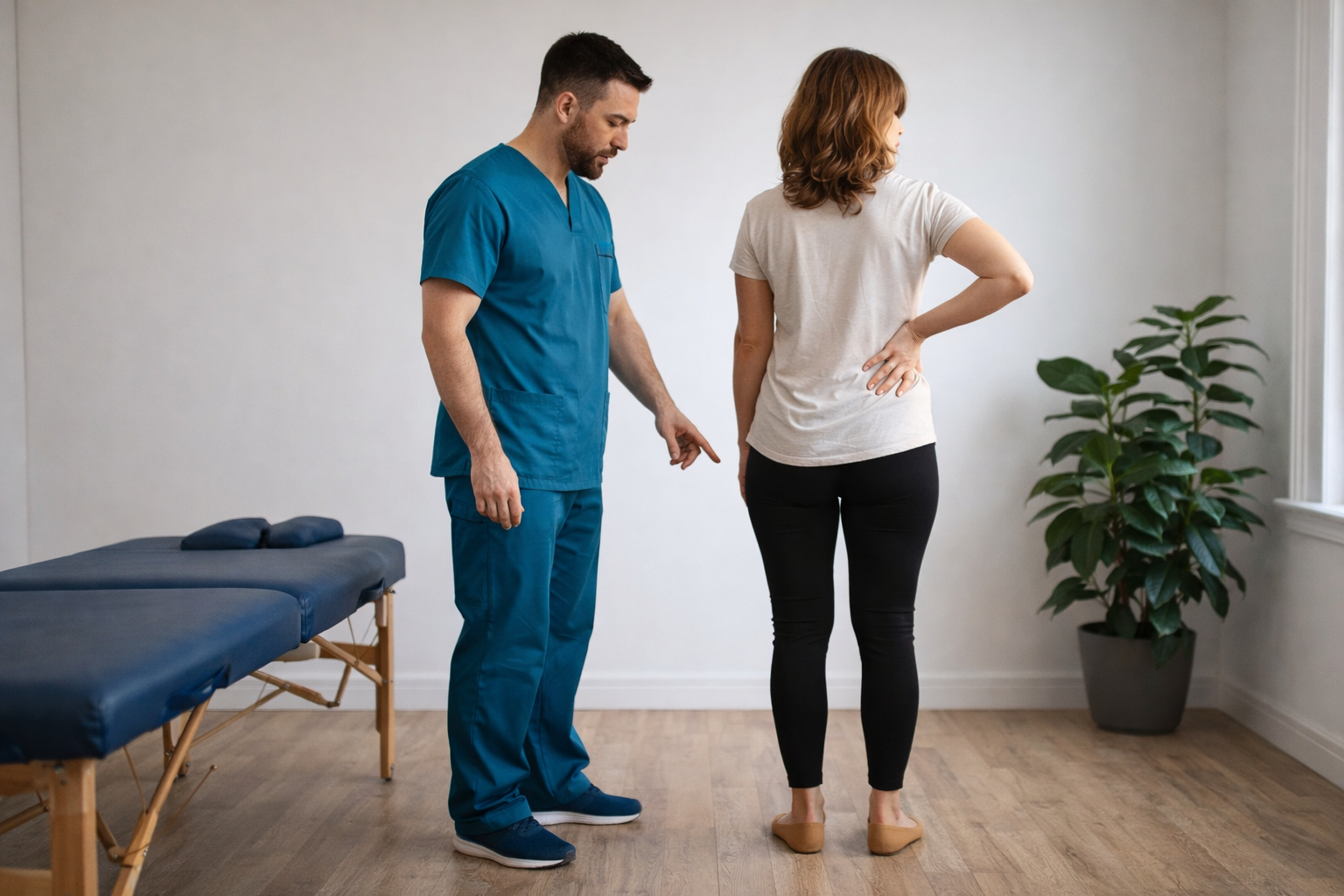 Physiotherapist evaluating hip alignment and lower back pain in patient
