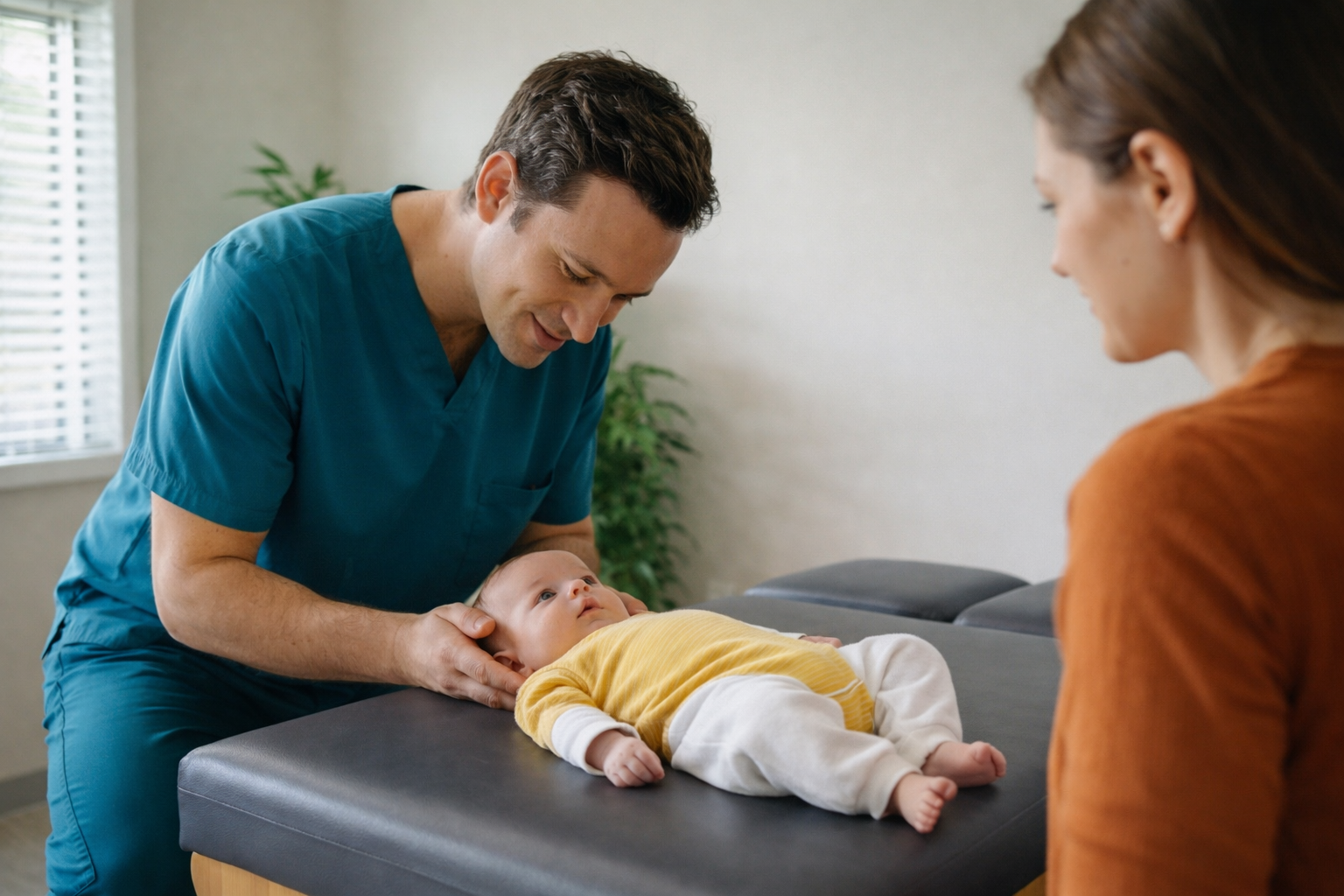Chiropractor performing gentle spinal assessment on infant while parent observes