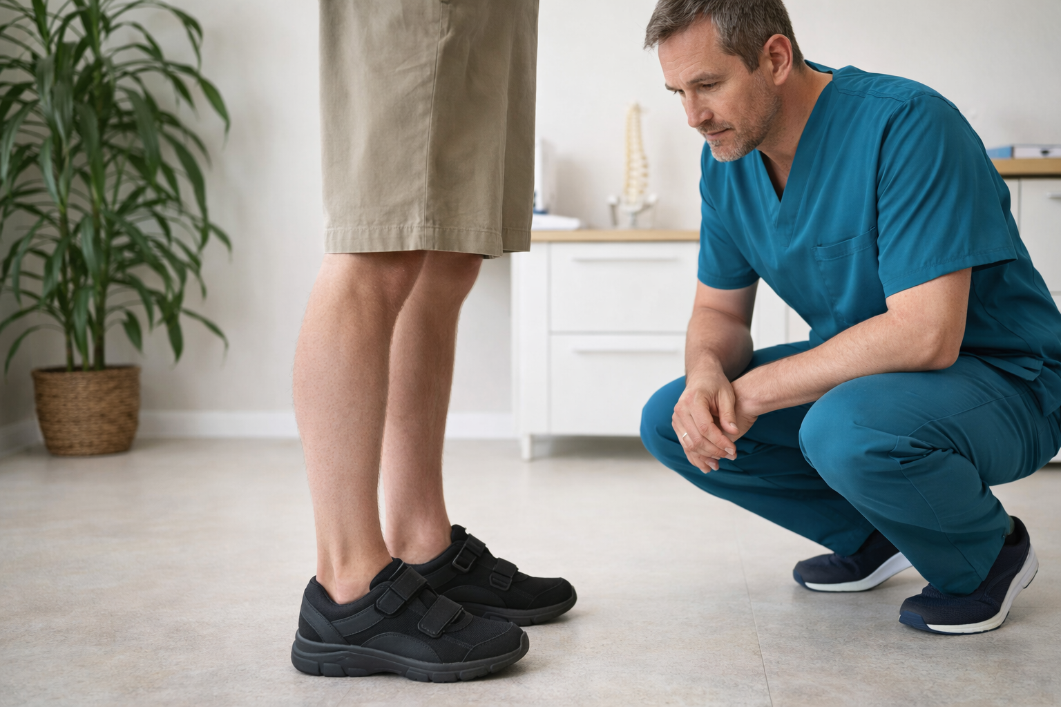 Physiotherapist assessing lower leg alignment and foot posture in patient
