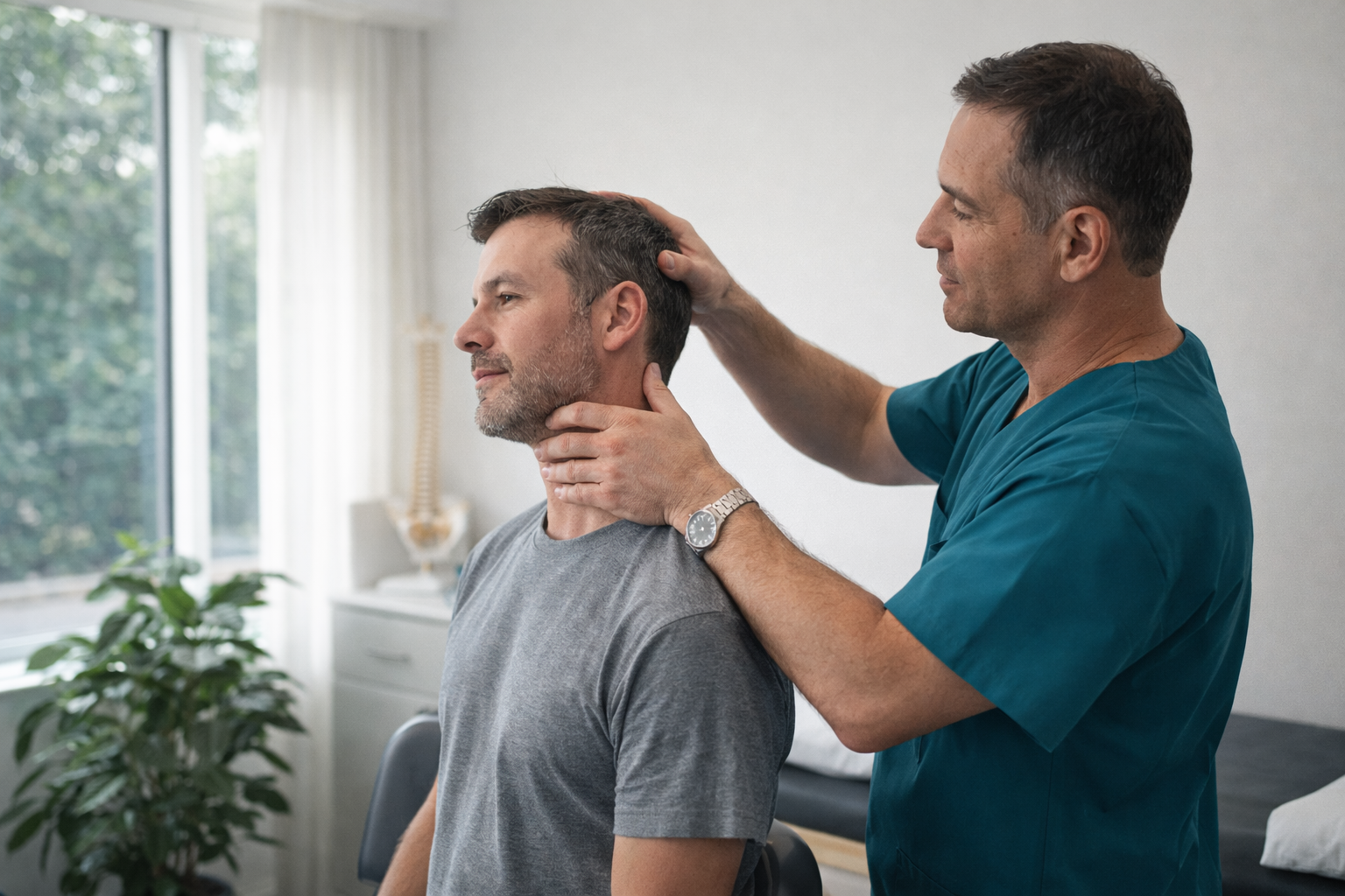 Chiropractor performing neck adjustment to improve posture and relieve tension