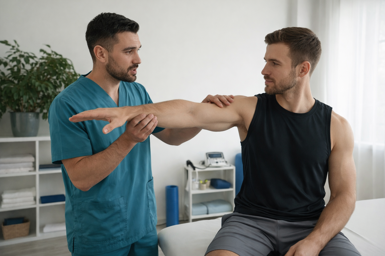 Physiotherapist testing shoulder mobility and arm range of motion during rehabilitation session
