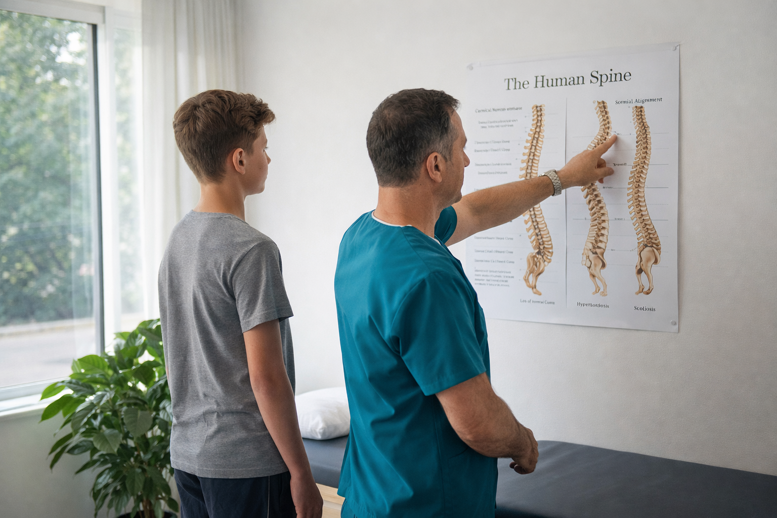 Therapist explaining spine alignment chart to patient during posture consultation