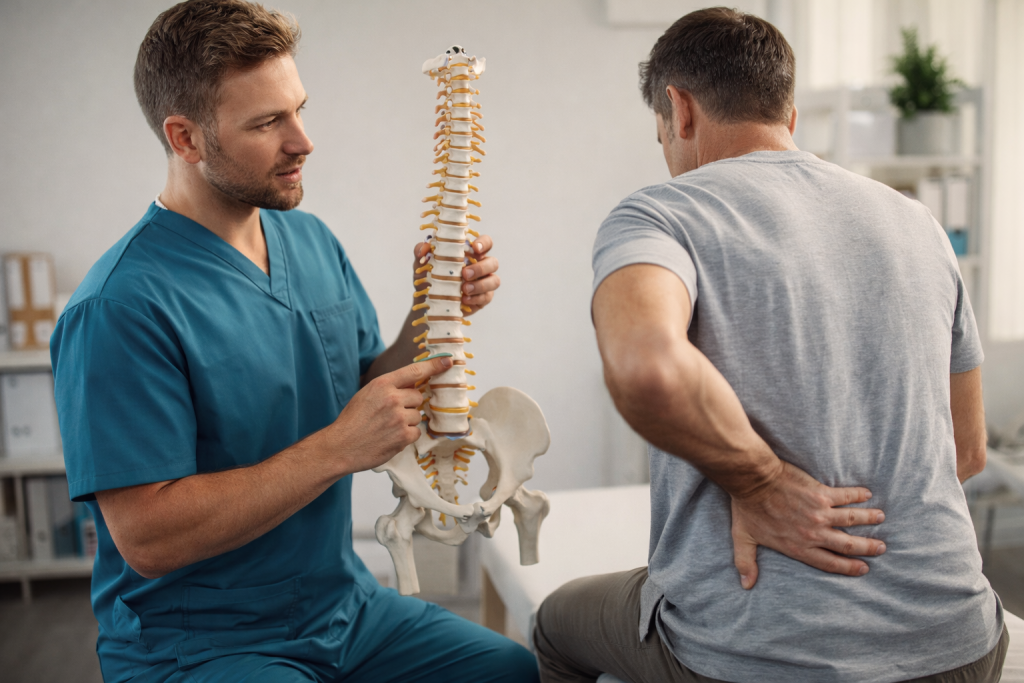 Physiotherapist explaining spinal anatomy and posture alignment using spine model