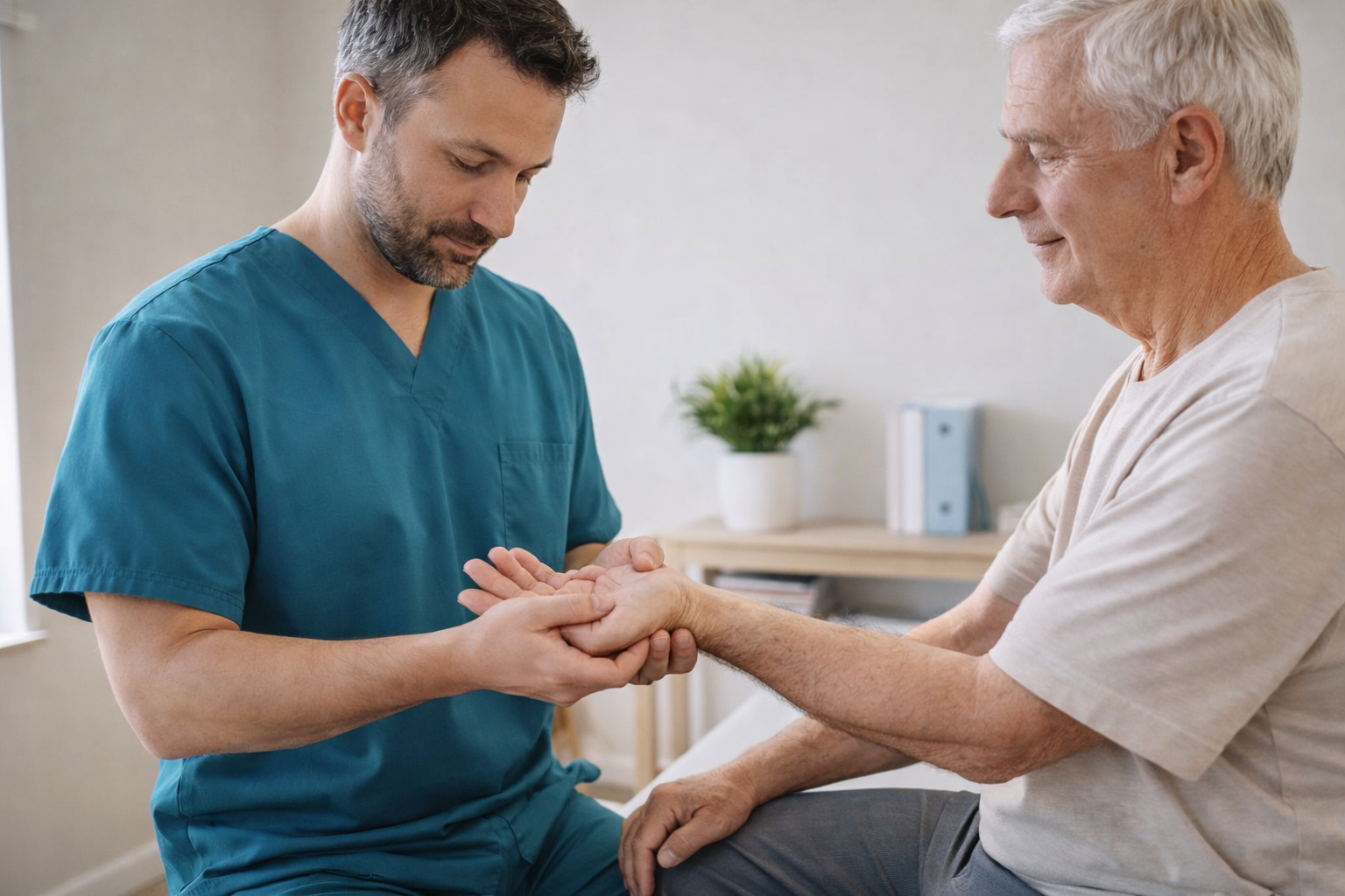 Physiotherapist treating wrist and hand pain in elderly patient during therapy session