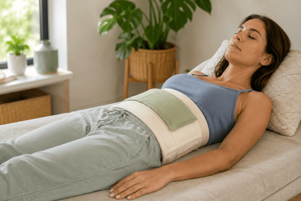 Woman relaxing with a castor oil pack secured over her abdomen during a wellness therapy session.