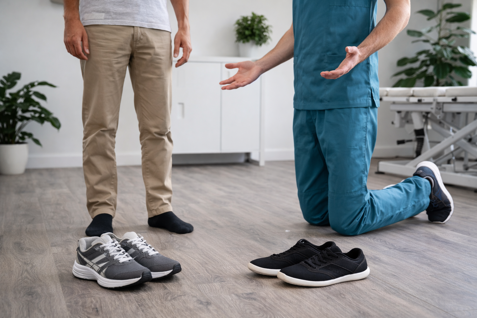 Physiotherapist advising patient on footwear for posture support