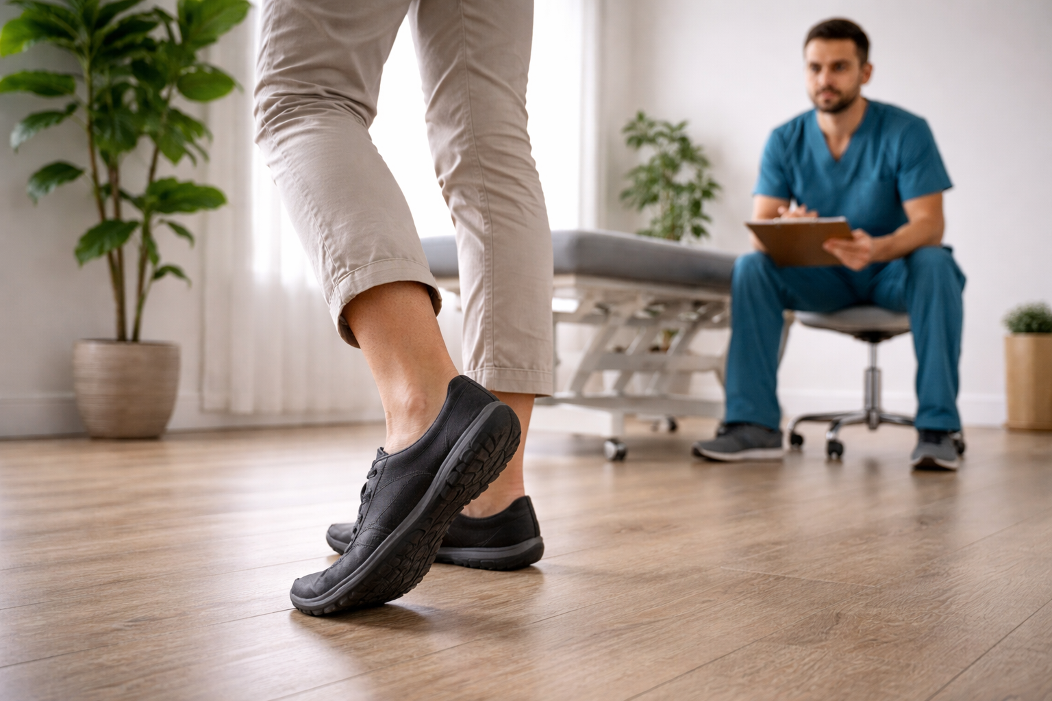Patient walking during gait analysis while therapist observes