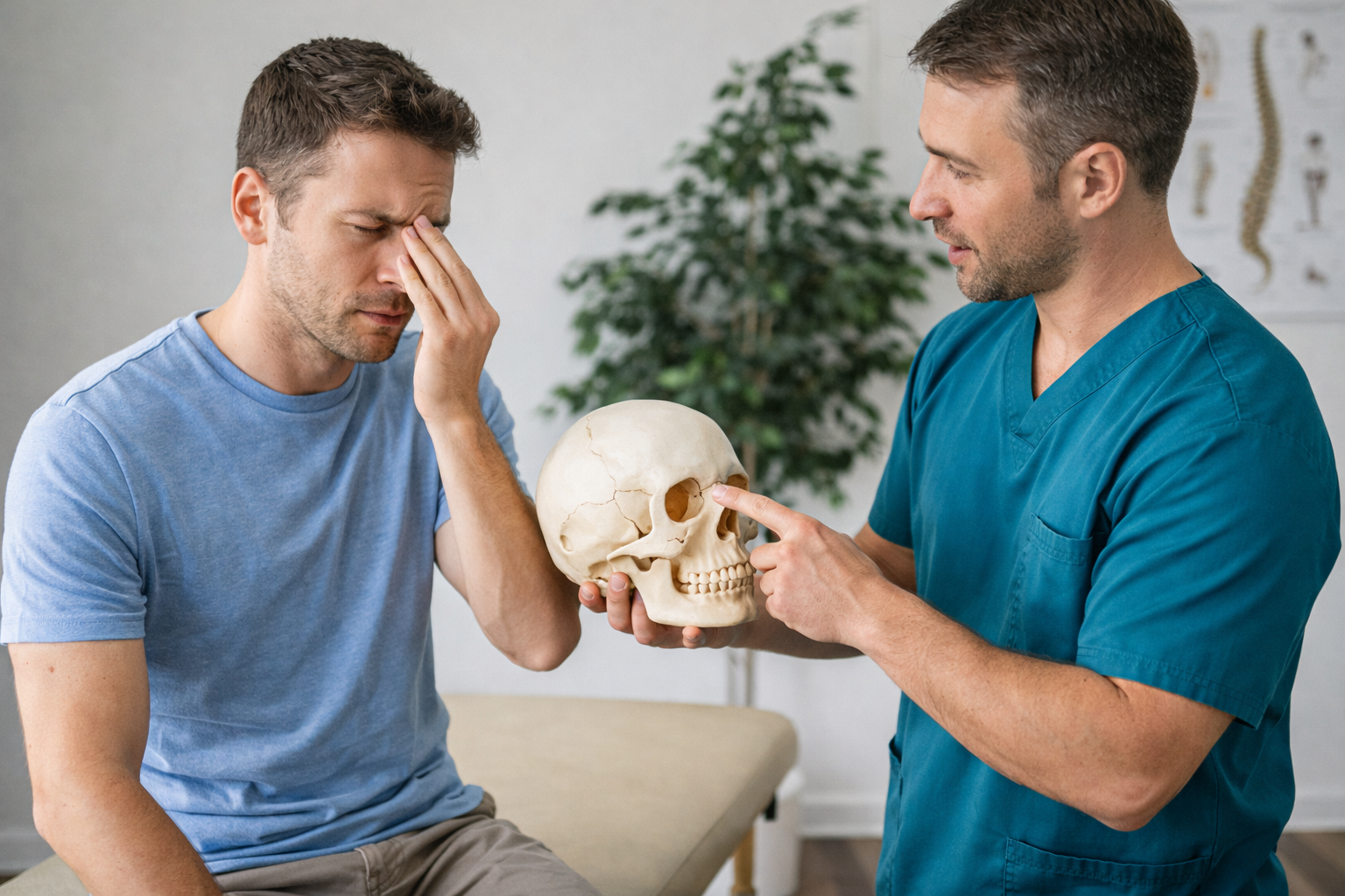 Physiotherapist explaining skull anatomy to patient with headache