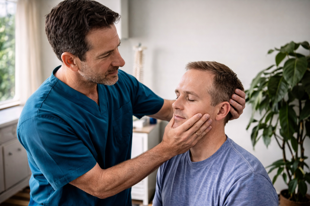 Physiotherapist examining patient neck and jaw alignment