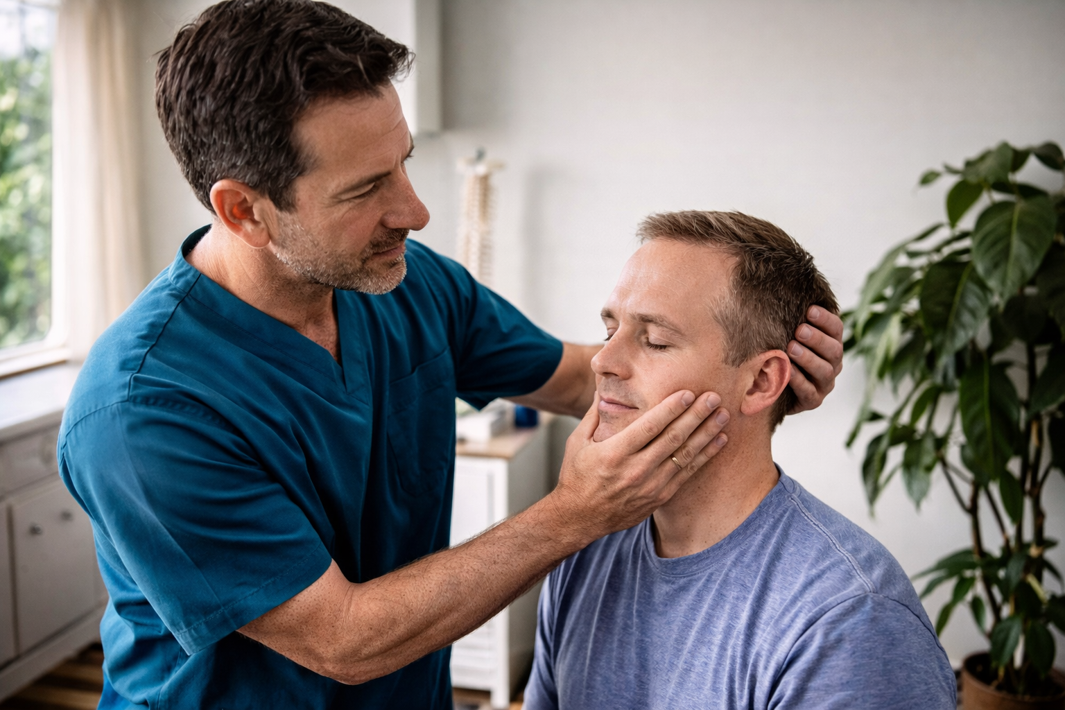 Physiotherapist examining patient neck and jaw alignment