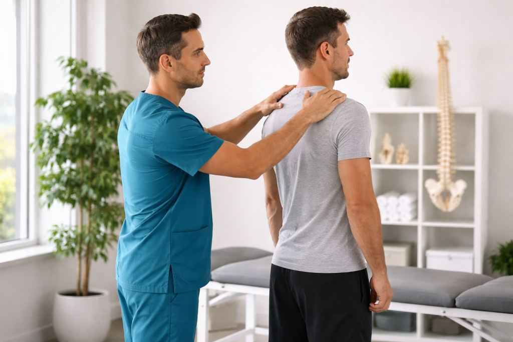 Patient holding neck in pain during physiotherapy consultation