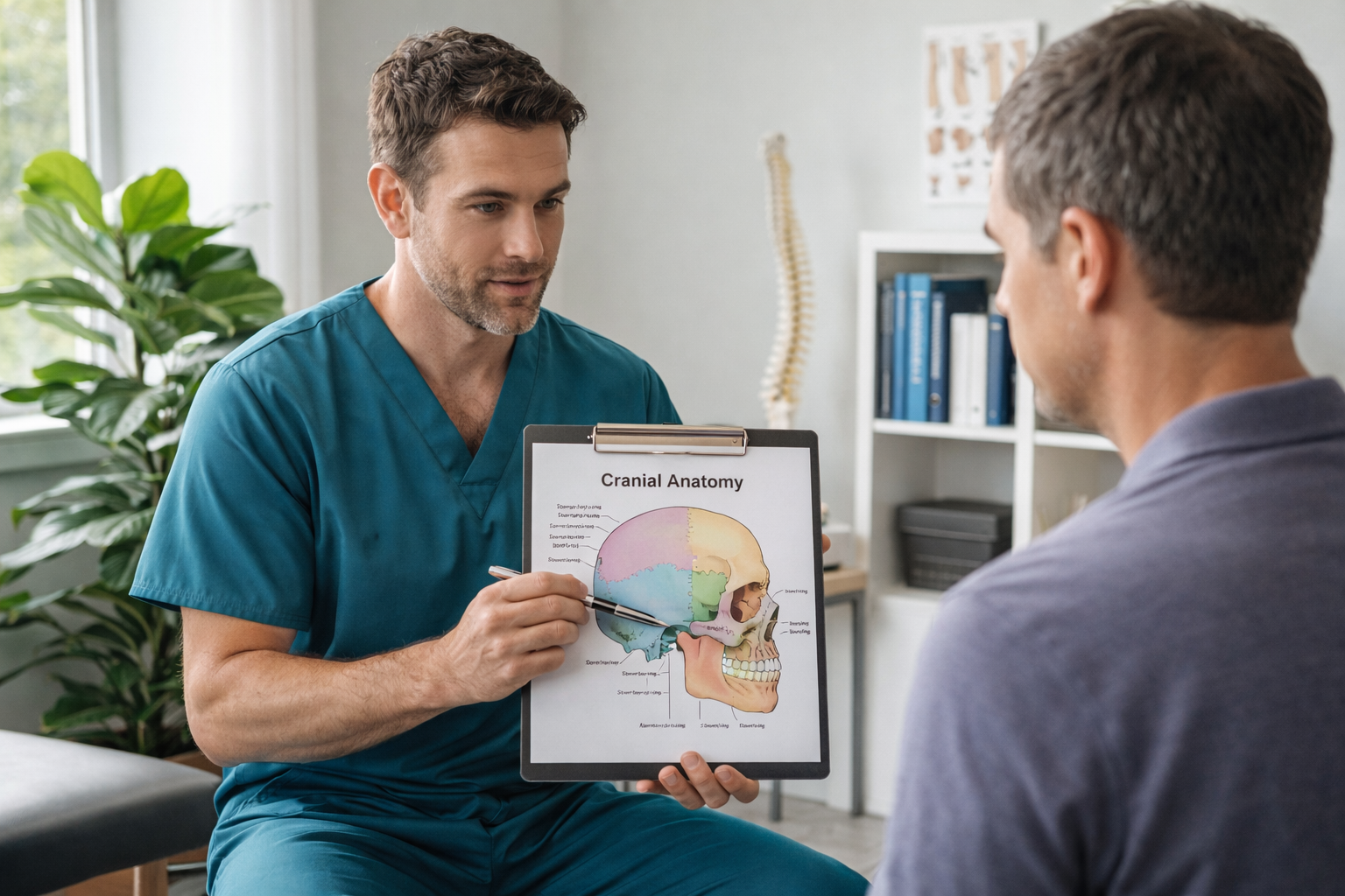 Physiotherapist showing cranial anatomy chart during consultation