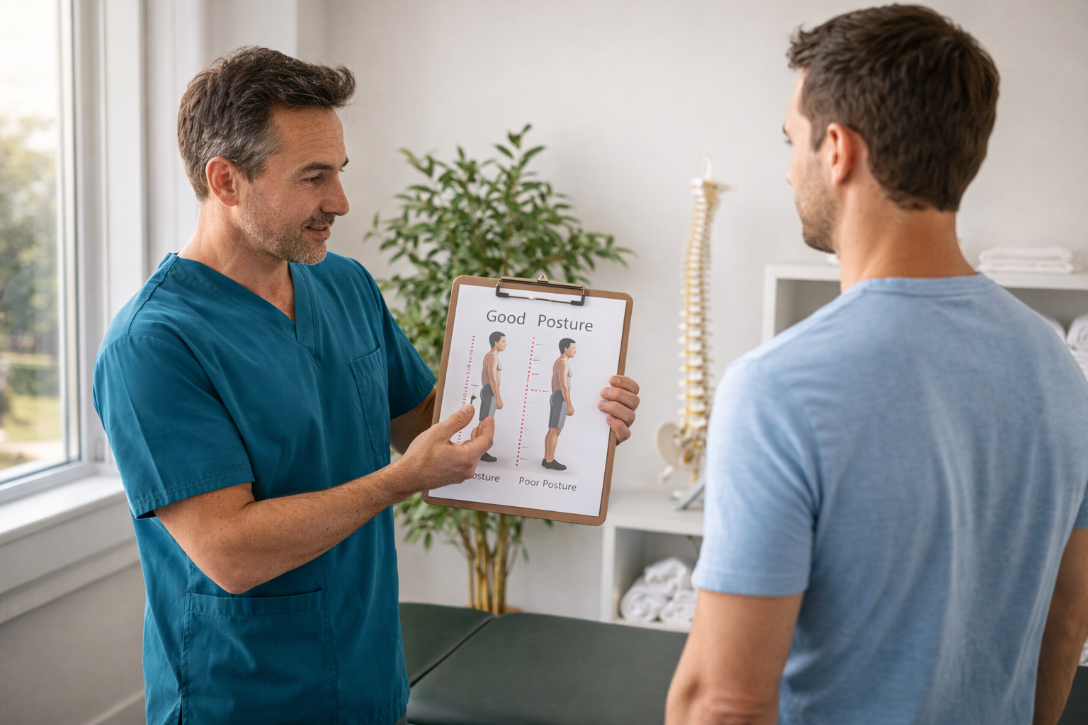 Physiotherapist guiding patient to improve posture alignment