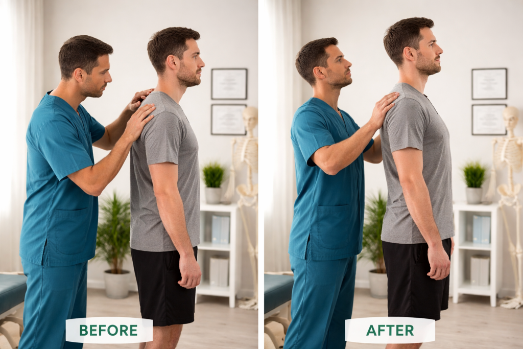 Before and after comparison of posture correction treatment